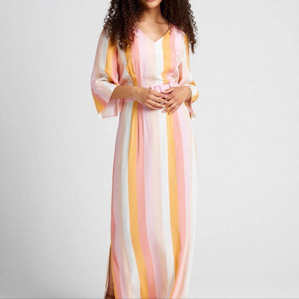 Modcloth Striped Pink and Yellow Sorbet Maxi Dress Womens Size 4- Long